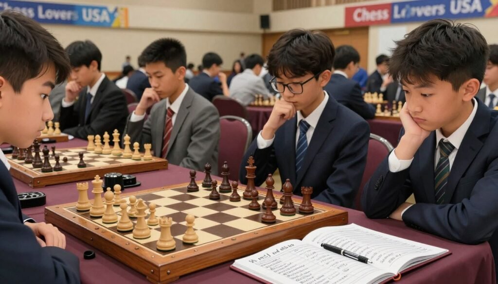 A beautifully arranged chess competition scene featuring a detailed scoresheet protocol. In the foreground, an elegant wooden chessboard is displayed, with pieces in mid-game, and an open scoresheet showing neat handwritten notations of moves. Beside it, a pristine pen rests ready for future annotations. In the middle ground, a diverse group of young competitors, wearing professional business attire, are intensely focused on their games, deep in thought. The background is a bustling auditorium with banners reading "Chess Lovers USA," showcasing a vibrant atmosphere of excitement and competition. Soft, focused lighting highlights the chessboard and scoresheets, while a shallow depth of field emphasizes the players’ concentration. The scene conveys a sense of camaraderie and intellectual challenge, perfect for scholastic chess competitions.