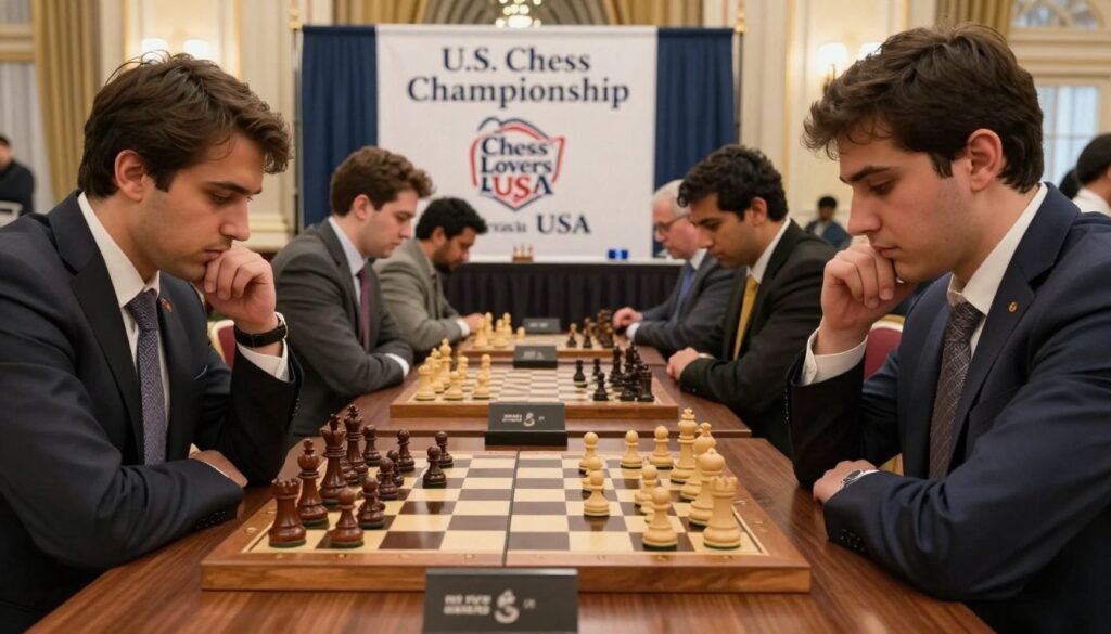 A beautifully arranged chess tournament scene set in a grand historical venue for the U.S. Chess Championship. In the foreground, a polished wooden chessboard with intricately carved pieces, reflecting the intense focus of the players. In the middle, two players in professional business attire, deep in concentration as they contemplate their moves, surrounded by spectators in modest clothing. The background features a classic chess championship banner reading "U.S. Chess Championship" with the brand "Chess Lovers USA" prominently displayed. Soft, warm lighting enhances the atmosphere, creating an aura of anticipation. The angle captures the players and their chessboard from a slightly elevated perspective, immersing the viewer in the excitement and gravitas of the chess event.