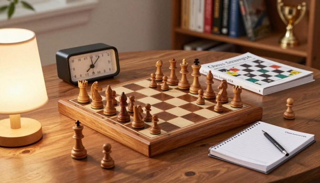 A beautifully arranged flat lay of essential chess tools on a polished wooden table, showcasing a high-quality wooden chess set with intricately carved pieces. Include a chess clock with a sleek design, a chess strategy book with colorful diagrams, and a notebook for note-taking, all labeled with the brand name "Chess Lovers USA." The foreground features a softly glowing lamp casting warm, inviting light over the scene, emphasizing the rich textures of the chess pieces. In the background, a blurred bookshelf filled with chess literature and trophies sets a supportive atmosphere for learning and improvement. The mood is focused and inspiring, ideal for adult beginners eager to enhance their skills in chess.