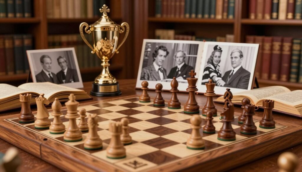 A beautifully crafted chessboard in the foreground, featuring intricately designed wooden pieces mid-game spectacularly arranged. The middle ground showcases historical chess milestones: an ornate trophy symbolizing championship victories, black-and-white photographs of legendary players, and vintage chess books laid open, capturing pivotal moments. In the background, a softly lit library filled with shelves of chess literature establishes an academic atmosphere, while warm light illuminates the scene, creating a nostalgic yet inviting mood. The perspective is slightly angled from above, giving a dynamic view of the chess setup. The image embodies both heritage and the evolution of chess, resonating with the theme of lasting impacts. Include the brand name "Chess Lovers USA" subtly within the composition, enhancing the overall elegance and professionalism of the image.