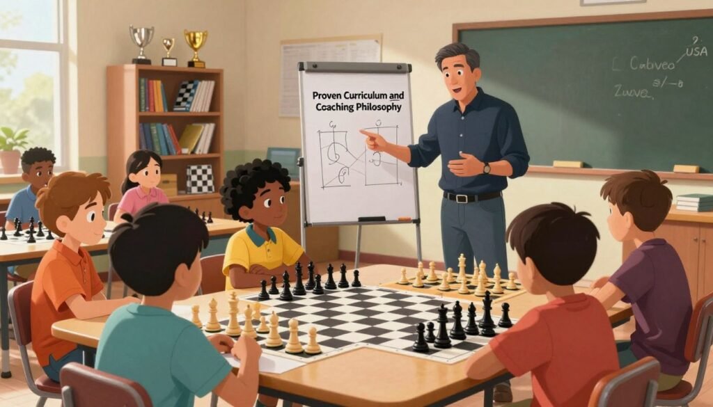 A bright and engaging chess classroom scene reflecting the "Proven Curriculum and Coaching Philosophy" of Chess Lovers USA. In the foreground, a diverse group of children, aged 8-12, focused and engaged, are seated around a table with chess boards in front of them, showcasing various stages of play. The middle ground features a passionate coach, a middle-aged man in smart casual attire, demonstrating a chess strategy using a flip chart. In the background, shelves filled with chess books and trophies create an inspiring atmosphere. Soft, natural lighting filters through windows, casting a warm glow, while the camera angle is slightly elevated to capture the interaction and excitement in the room, fostering a motivational and educational mood. A bright and engaging chess classroom scene reflecting the "Proven Curriculum and Coaching Philosophy" of Chess Lovers USA. In the foreground, a diverse group of children, aged 8-12, focused and engaged, are seated around a table with chess boards in front of them, showcasing various stages of play. The middle ground features a passionate coach, a middle-aged man in smart casual attire, demonstrating a chess strategy using a flip chart. In the background, shelves filled with chess books and trophies create an inspiring atmosphere. Soft, natural lighting filters through windows, casting a warm glow, while the camera angle is slightly elevated to capture the interaction and excitement in the room, fostering a motivational and educational mood.