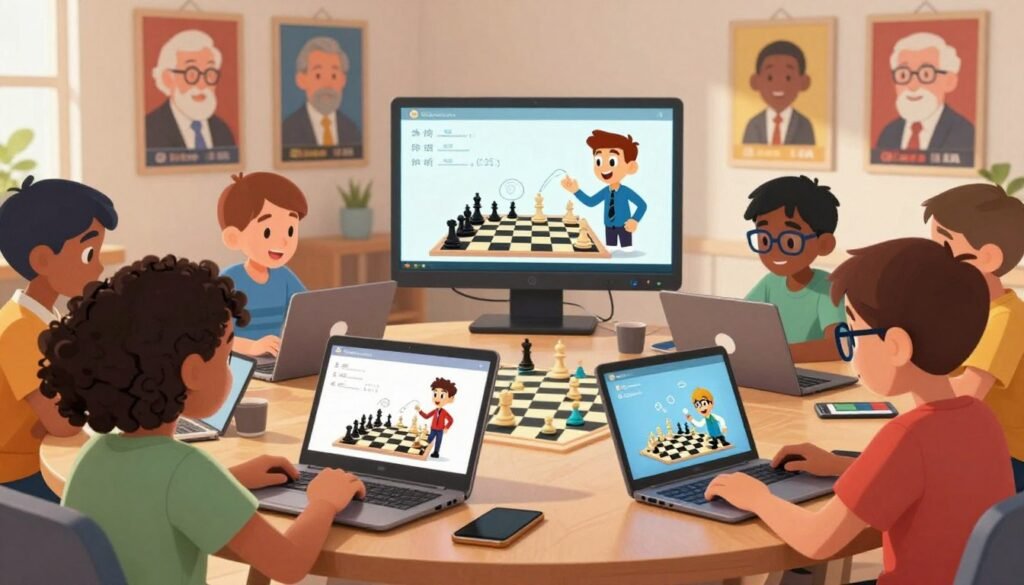 A bright and engaging online chess learning environment featuring a diverse group of children aged 8-12 gathered around laptops and tablets, all attentively watching a virtual chess lesson. In the foreground, a girl with curly hair and a boy with glasses excitedly analyze a chessboard displayed on their screens. In the middle, a virtual chess instructor, depicted as an animated character, illustrates chess strategies on the screen with dynamic moves. The background showcases posters of famous chess grandmasters to inspire the young learners. The scene is well-lit with soft, warm lighting, creating a cozy atmosphere, capturing the excitement and focus of online learning. The brand name "Chess Lovers USA" subtly incorporated in the background wall art adds to the visual context.