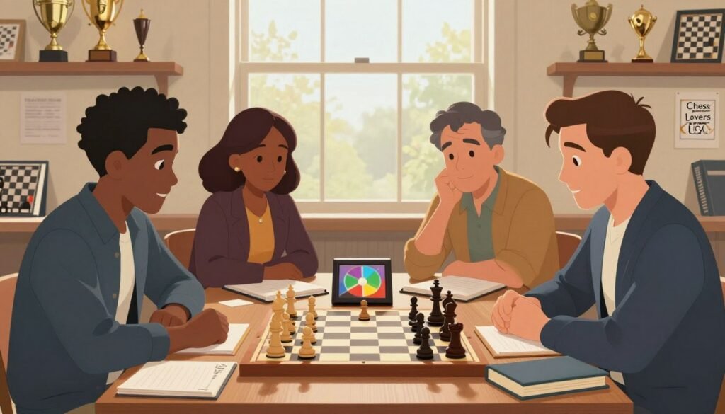 A bright and inspiring chess study scene depicting a diverse group of four adults gathered around a chess table, intensely focused on strategy. The foreground features a polished wooden chessboard, pieces mid-game, with a colorful chess clock visible. In the middle, the friends—two men and two women—are dressed in smart casual clothing, engaged in discussion and analysis, with chess books and notebooks scattered around them. In the background, a large window lets in warm, natural light, illuminating shelves lined with chess trophies and instructional materials. The atmosphere conveys a collaborative spirit of learning and improvement. Emphasize the logo "Chess Lovers USA" subtly placed on a trophy on the shelf. Use a wide angle to capture the full scene, with soft lighting to enhance the inviting mood.