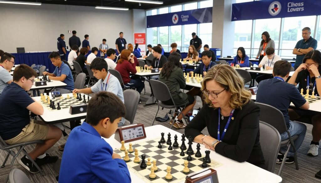 A bustling chess tournament scene inside a large, well-lit convention center, featuring a diverse group of players, both children and adults, engaged in intense matches. In the foreground, two competitors, a young boy in a smart blue blazer and a middle-aged woman in a professional black dress, concentrate deeply on their boards, surrounded by chess clocks and game paraphernalia. The middle ground showcases rows of tables filled with players, while chess pieces are carefully arranged on their boards. In the background, banners with the logo "Chess Lovers USA" hang from the ceiling, and spectators watch with anticipation. Natural light streams through large windows, creating a vibrant, yet focused atmosphere. The overall mood conveys a sense of excitement, strategy, and camaraderie, encapsulating the essence of tournament day logistics in chess.