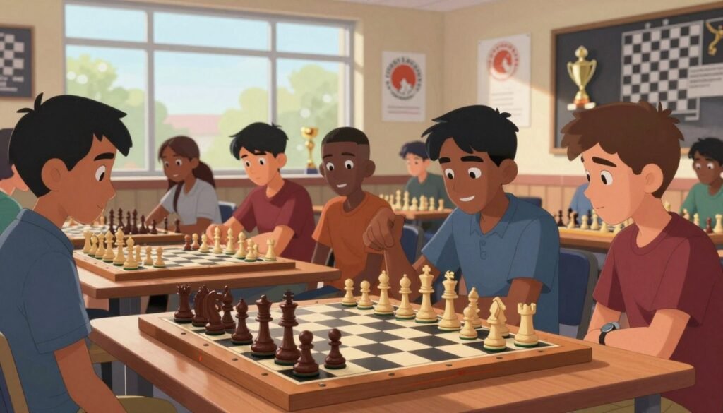 A bustling college chess program in an academic setting, featuring a diverse group of students and a professor engaged in strategic discussions over chessboards filled with pieces in mid-game. In the foreground, a close-up of a classic wooden chessboard reveals intricate pieces, while the middle of the scene shows students intensely analyzing strategies and sharing ideas. In the background, large windows let in bright, natural light, casting shadows that enhance the focused atmosphere. The room is adorned with motivational chess posters and trophies celebrating victories, contributing to a vibrant, intellectual mood. Soft bokeh effects in the background emphasize the students' determination and collaboration. Include the logo of "Chess Lovers USA" subtly integrated into the design, reflecting the commitment to nurturing talent in college chess programs.