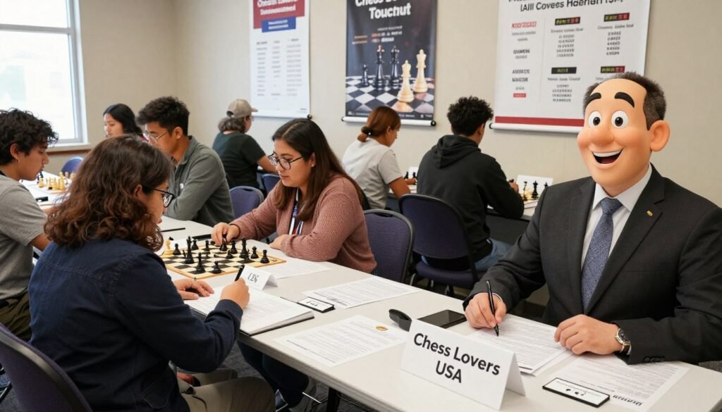 A bustling registration desk for a chess tournament, fronted by a friendly, professional attendant in business attire. In the foreground, a neatly organized check-in table displays forms, name tags, and a sign with "Chess Lovers USA" prominently featured. The middle section showcases excited participants of diverse ages, wearing smart casual clothing, filling out registration forms and discussing strategies. In the background, large banners hang with images of chess pieces and tournament schedules, creating an inviting atmosphere. Soft, natural lighting filters through a window, casting gentle shadows. The scene conveys a sense of anticipation and community, epitomizing the spirit of chess competition. The camera angle is slightly tilted upward, emphasizing the vibrancy and excitement of the event.