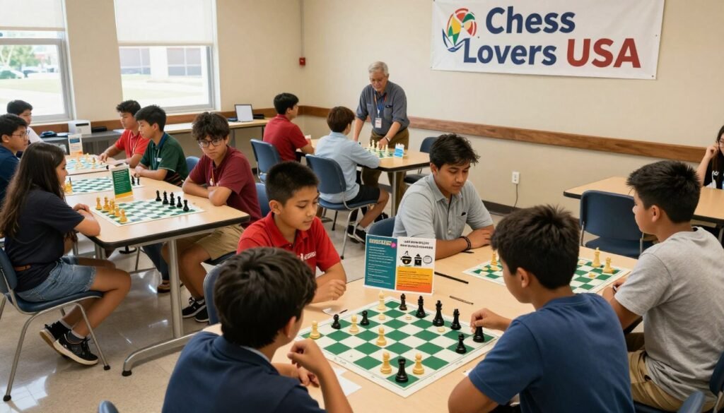 A busy community center conference room focused on chess enrollment logistics. In the foreground, a diverse group of students, dressed in professional casual clothing, is engaging with enthusiastic chess instructors, showcasing a welcoming atmosphere. The middle ground features colorfully arranged chess boards and informative brochures about enrollment, creating an inviting learning environment. In the background, a banner reading "Chess Lovers USA" hangs on the walls, emphasizing the focus on chess. The lighting is bright and warm, capturing a cheerful mood, with natural sunlight streaming through windows. The viewpoint is slightly angled from above, giving a clear overview of the energetic interactions and organized materials, while ensuring a sense of community and enthusiasm for chess as a serious after-school activity.