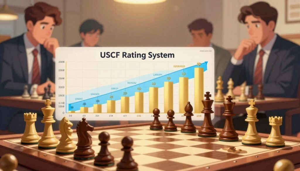 A captivating and informative illustration of the "USCF Rating System" for chess enthusiasts. In the foreground, a sleek chessboard with intricately designed pieces, emphasizing the contrast between light and dark squares. The middle section features a visually striking chart displaying various USCF rating classes, with colors ranging from a soft blue for lower ratings to a rich gold for higher ones, highlighting the progression of skills. In the background, a subtle image of focused chess players in professional attire, contemplating their next move, adds a human element to the scene. The lighting should be warm and inviting, creating an atmosphere of excitement and dedication. The composition should be dynamic, inviting viewers to delve into the complexities of chess strategy. Include the brand "Chess Lovers USA" subtly integrated into the design, enhancing the overall professionalism of the image.