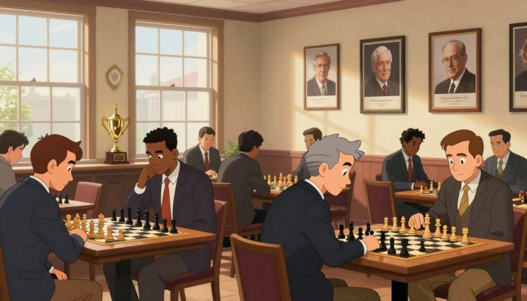 A captivating interior view of the Saint Louis Chess Club, showcasing its rich history and vibrant atmosphere. In the foreground, a few players of diverse backgrounds, dressed in professional business attire, engage in intense chess matches at elegant wooden tables, their expressions reflecting concentration. In the middle, trophies and framed photographs of famous chess personalities adorn the walls, symbolizing the club's legacy. The background features large windows letting in warm, natural light, casting soft shadows and creating a welcoming ambiance. The overall mood is one of camaraderie and intellectual pursuit, embodying the spirit of chess culture. The branding "Chess Lovers USA" is subtly integrated in the decor, enhancing the sense of community within this iconic chess hub.