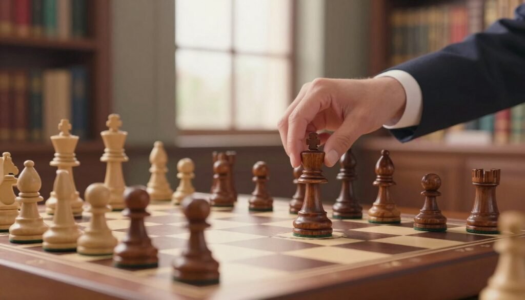 A captivating scene depicting "mathematical elegance chess" in a beautifully arranged chessboard setting. In the foreground, a close-up of intricately designed wooden chess pieces, showcasing the artistry in their form, as a hand in professional attire thoughtfully reaches for a bishop. The middle ground features an elegant chessboard with a checkered pattern, where some pieces are strategically placed in mid-game. The background reveals a softly blurred library filled with books on chess strategy, emphasizing knowledge and sophistication. Natural light filters through tall windows, casting gentle shadows and creating a serene yet intellectually stimulating atmosphere. The overall mood conveys concentration and passion for strategic thinking, embodying the essence of Chess Lovers USA. A captivating scene depicting "mathematical elegance chess" in a beautifully arranged chessboard setting. In the foreground, a close-up of intricately designed wooden chess pieces, showcasing the artistry in their form, as a hand in professional attire thoughtfully reaches for a bishop. The middle ground features an elegant chessboard with a checkered pattern, where some pieces are strategically placed in mid-game. The background reveals a softly blurred library filled with books on chess strategy, emphasizing knowledge and sophistication. Natural light filters through tall windows, casting gentle shadows and creating a serene yet intellectually stimulating atmosphere. The overall mood conveys concentration and passion for strategic thinking, embodying the essence of Chess Lovers USA.
