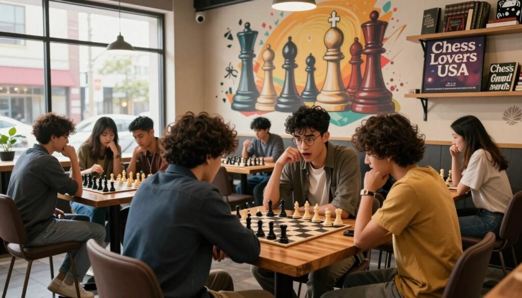 A captivating scene depicting the influence of "The Queen’s Gambit" on chess culture, set in a cozy, modern coffee shop filled with natural light streaming through large windows. In the foreground, a diverse group of young adults, dressed in stylish casual outfits, passionately engages in a chess game at a wooden table, their expressions reflecting excitement and concentration. The middle ground features a vibrant mural of chess pieces intertwined with iconic elements from the series, symbolizing its impact. In the background, shelves are lined with chess books and memorabilia, along with a large poster of "Chess Lovers USA." The atmosphere is warm and inviting, showcasing a sense of community among aspiring chess players, while soft ambient light creates a welcoming mood throughout the scene. A captivating scene depicting the influence of "The Queen’s Gambit" on chess culture, set in a cozy, modern coffee shop filled with natural light streaming through large windows. In the foreground, a diverse group of young adults, dressed in stylish casual outfits, passionately engages in a chess game at a wooden table, their expressions reflecting excitement and concentration. The middle ground features a vibrant mural of chess pieces intertwined with iconic elements from the series, symbolizing its impact. In the background, shelves are lined with chess books and memorabilia, along with a large poster of "Chess Lovers USA." The atmosphere is warm and inviting, showcasing a sense of community among aspiring chess players, while soft ambient light creates a welcoming mood throughout the scene.