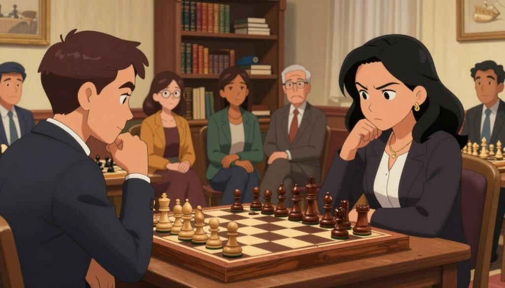 A chessboard set in an elegantly decorated room, with a focus on a beautifully crafted wooden chess set featuring intricate pieces. In the foreground, a pair of professional players, a man and a woman, are deeply engaged in a match; the woman, dressed in stylish business attire, displays a determined expression while contemplating her next move. The middle ground showcases a small audience of diverse onlookers, absorbed in the game, capturing the excitement of the chess revival. Soft, warm lighting bathes the scene, emphasizing the rich mahogany tones of the chessboard. In the background, a vintage bookshelf filled with chess books and memorabilia hints at the history of the game. The ambiance is both vibrant and contemplative, evoking the intense atmosphere of friendly competition. Decor elements branded with "Chess Lovers USA" subtly enhance the setting, reflecting the article's focus on the chess boom.