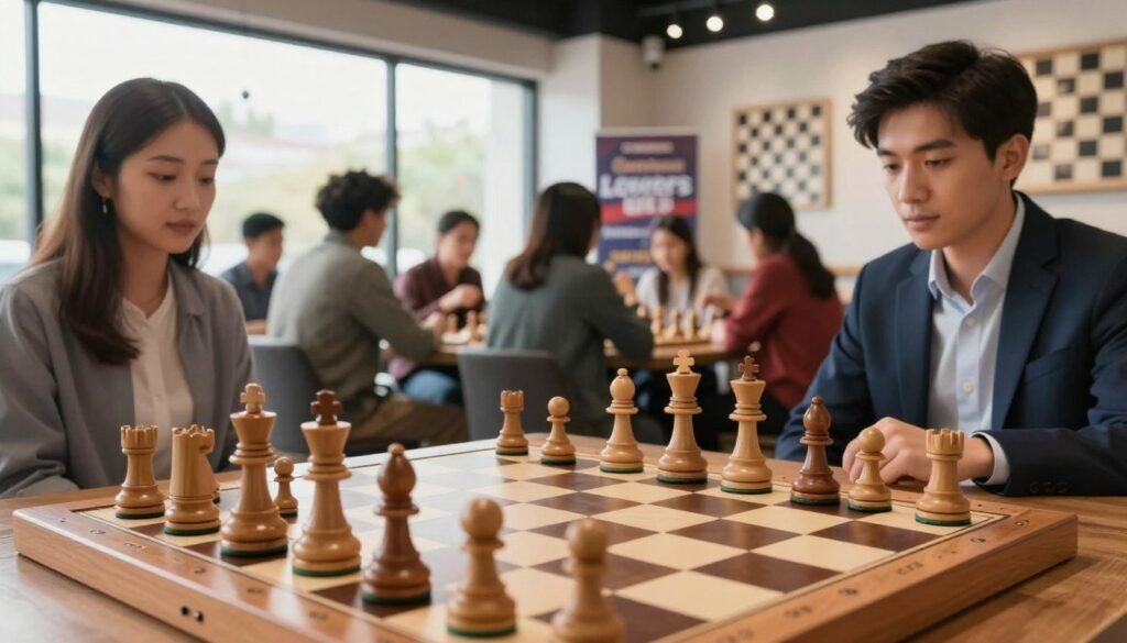 A close-up view of a chessboard set in a modern, bright chess cafe. In the foreground, polished wooden chess pieces are arranged in the opening theory lines, showcasing various strategic formations. The middle ground features a diverse group of individuals, including men and women of different ages, deeply engaged in analyzing the board, dressed in smart casual attire. The background reveals large windows with natural light pouring in, highlighting the vibrant atmosphere of friendly competition. The walls are adorned with chess-themed artwork and a banner reading “Chess Lovers USA”. The mood is focused yet lively, symbolizing the blend of tradition and contemporary interest in chess, with a soft bokeh effect enhancing the depth of field.
