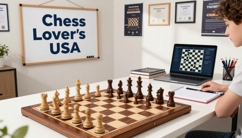 A coaching growth board for chess development, prominently featuring the brand name "Chess Lovers USA". In the foreground, display a sleek wooden board filled with chess pieces in strategic positions, symbolizing planning and progress. In the middle ground, include a modern desk cluttered with coaching materials, notebooks, and an open laptop showing chess strategies. Use bright, natural lighting to create an inviting atmosphere, with soft shadows for depth. The background features a wall decorated with framed certificates and motivational posters related to chess coaching. Capture the scene from a slightly elevated angle, emphasizing a professional yet warm environment suitable for fostering intellectual growth and collaboration among coaches and clubs. The mood is inspiring and focused, reflecting essential business strategies in the chess industry.
