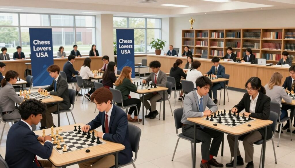 A collegiate chess league scene inside a bright, modern university hall. In the foreground, diverse students of various ethnicities are engaged in intense chess matches at neatly arranged tables, dressed in professional business attire. The middle ground features large banners displaying "Chess Lovers USA" proudly, while enthusiastic spectators watch in a casual yet focused atmosphere. In the background, large windows let in natural light, illuminating the space, with shelves filled with chess books and trophies. The room conveys a sense of competition and camaraderie, with soft lighting creating an inviting yet serious mood. The camera angle is slightly elevated, capturing the buzz of excitement while focusing on the players and their strategic expressions.