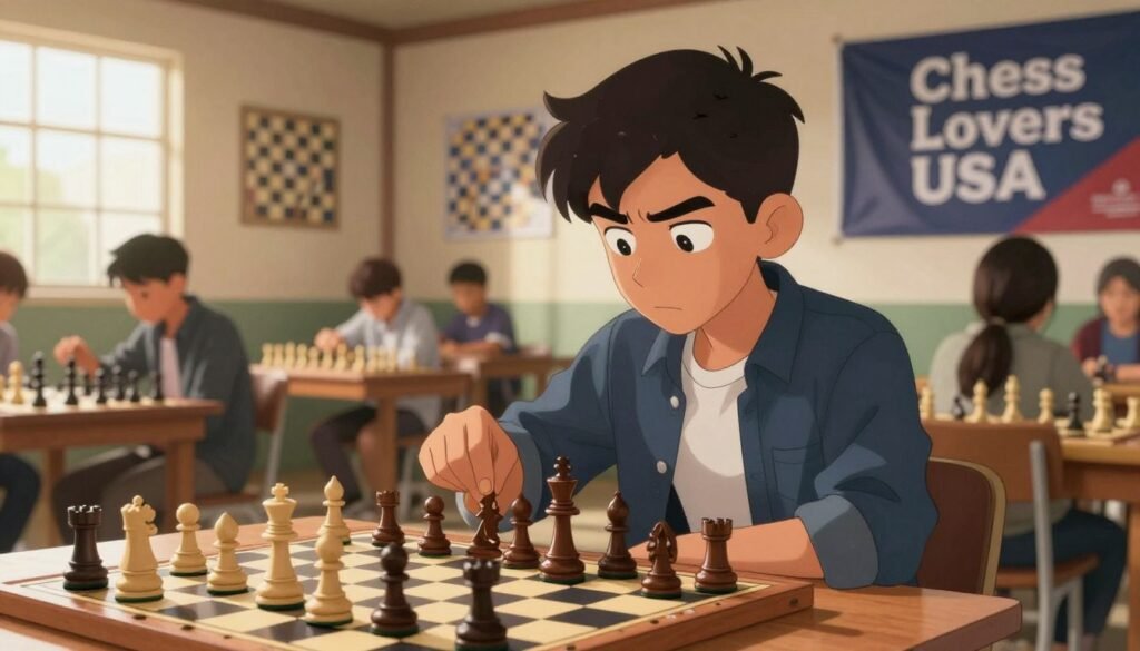 A compelling scene depicting the journey from a refugee shelter to a national chess master. In the foreground, a determined young chess player, dressed in smart casual attire, studies a chessboard focused intently on the pieces. In the middle ground, a warm, welcoming environment reminiscent of a refugee shelter, with subtle elements of chess memorabilia adorning the walls. The background features an inspiring chess tournament backdrop, showcasing banners that read "Chess Lovers USA". Soft, natural lighting cascades through the windows, highlighting the hopeful expressions on the player’s face. The atmosphere is vibrant and empowering, symbolizing resilience and ambition, capturing the essence of immigrant families influencing America's chess future.