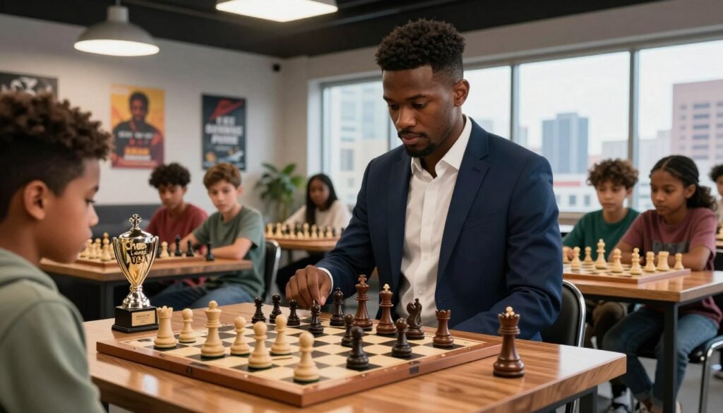 A confident African American male chess grandmaster stands in a modern chess training facility, wearing a tailored navy blazer and a crisp white shirt. He focuses intently on a chessboard positioned on a sleek wooden table, showcasing an intense match against an unseen opponent. In the foreground, a shiny trophy with "Chess Lovers USA" engraved on it gleams under the warm overhead lighting, symbolizing achievement. The middle ground features diverse young chess enthusiasts, both male and female, attentively observing the match, their expressions reflecting ambition and determination. In the background, walls adorned with motivational posters and large windows let in natural light, creating an atmosphere of hope and aspiration. A panoramic view of a city skyline through the windows adds depth and modernity, embodying the forward-looking spirit of American chess.
