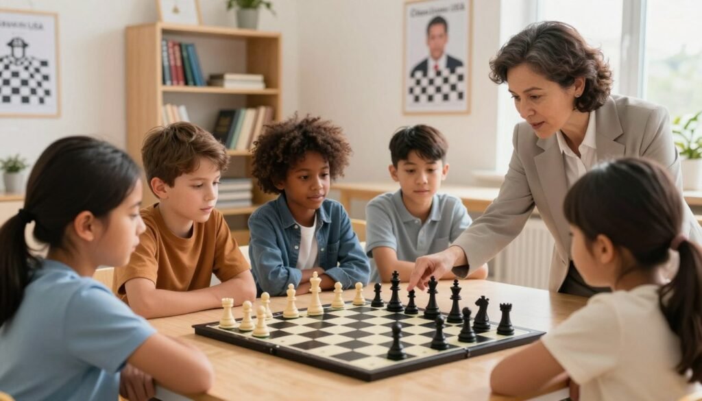 A cozy and inviting indoor chess lesson scene, focusing on a diverse group of children and a knowledgeable instructor, all engaged in learning. In the foreground, a chessboard is displayed with pieces positioned in a tactical formation, showcasing strategy. The middle ground features a diverse group of four children in casual yet neat attire, studying the board intently, while the instructor (a middle-aged individual in professional attire) points to a strategic move. In the background, a bright, sunlit room with bookshelves filled with chess literature and posters of famous chess players, creating an educational atmosphere. Soft, natural lighting enhances the scene, with a warm and encouraging mood that reflects structured lessons and coaching. The logo "Chess Lovers USA" is subtly included in the background decor.
