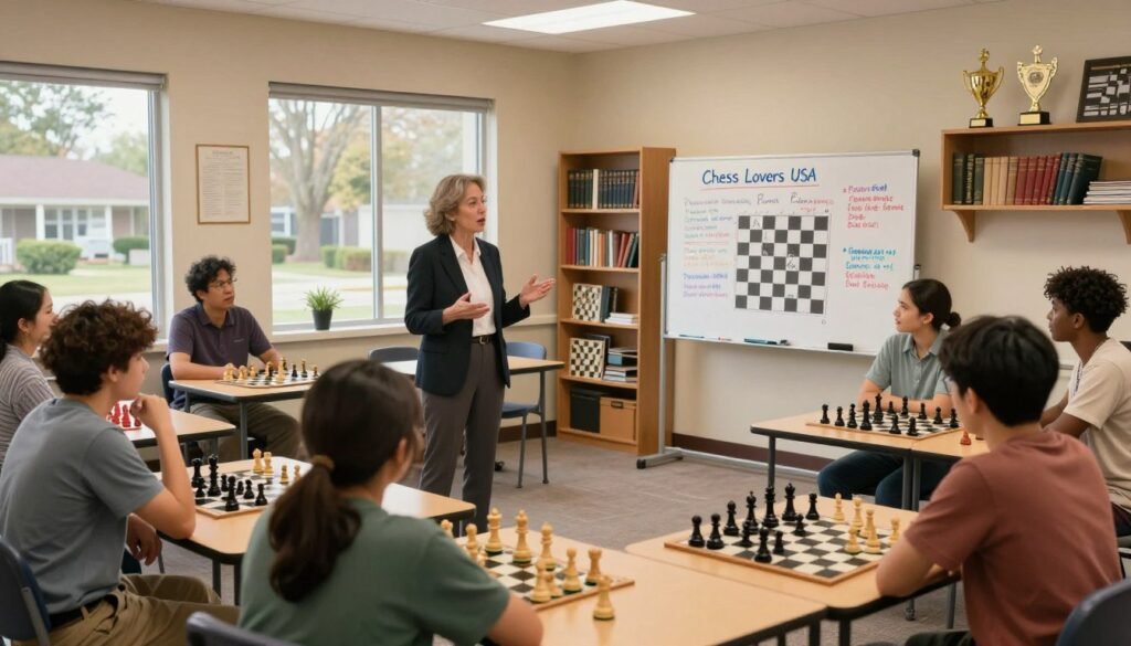 A cozy chess club scene set in a well-lit community center, showcasing a diverse group of people engaged in lectures and classes. In the foreground, a middle-aged woman in professional attire passionately explains strategies to eager learners gathered around her, with chess boards in front of them. The middle-ground features a large whiteboard filled with chess diagrams and strategies in colorful markers. In the background, shelves lined with chess books and trophies add to the ambiance. Warm lighting casts a welcoming glow, with large windows showing trees outside, suggesting a suburban setting. The atmosphere is focused yet friendly, reflecting the camaraderie and dedication of "Chess Lovers USA." The image is framed as a close-up scene to capture the interactions and details vividly.