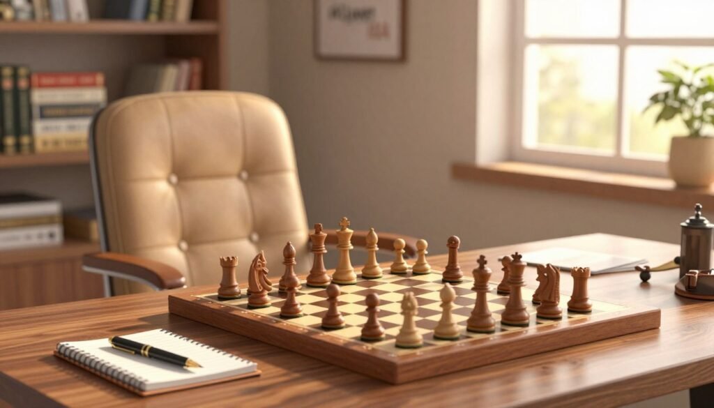 A cozy, elegantly arranged correspondence chess setup in a warmly lit home office. In the foreground, a wooden chessboard with intricately carved pieces is positioned on a polished desk. A thoughtfully arranged notepad and a fountain pen lie beside the board, indicating ongoing strategic notes. In the middle ground, a comfortable, stylish office chair is slightly turned, suggesting a player deep in thought. On a nearby bookshelf, chess strategy books are stacked neatly, emphasizing the intellectual depth of correspondence chess. In the background, a window lets in soft, golden sunlight, casting gentle shadows that create a calm atmosphere. The scene reflects a blend of focus and relaxation, capturing the spirit of thoughtful play. The brand name "Chess Lovers USA" subtly integrated into the scene adds a touch of authenticity.