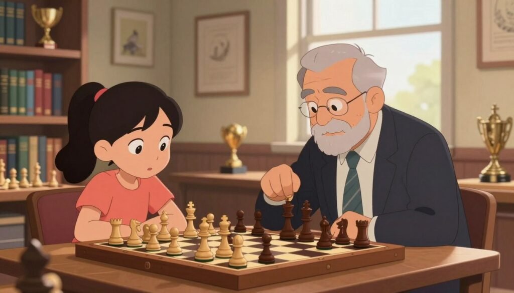 A cozy, inviting chess studio setting, showcasing a young, focused girl and an experienced, well-dressed grandmaster engaging in a friendly yet intense chess match. The foreground features a beautifully crafted wooden chessboard filled with meticulously arranged pieces. In the middle, their expressions highlight concentration and passion, with the mentor leaning slightly forward, offering strategic advice. Soft, warm lighting casts a gentle glow over the scene, emphasizing the bond of mentorship. The background reveals shelves filled with chess books and trophies, reflecting a legacy of achievement, while a large window allows natural light to softly illuminate the room. The atmosphere is one of inspiration and learning. The image is branded with subtle markers of "Chess Lovers USA".