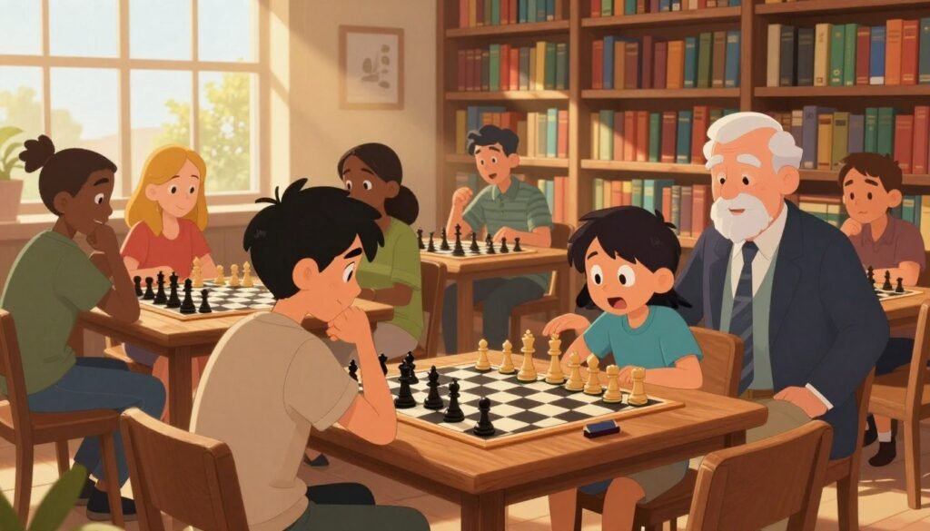 A cozy library interior filled with enthusiastic chess players of diverse backgrounds, gathered around beautifully crafted wooden chess tables. In the foreground, a focused young adult in modest casual clothing contemplates his next move, while an elderly gentleman in smart attire offers advice nearby. In the middle, groups of players engage in fierce competition, showcasing various expressions of concentration and excitement, with chess pieces intricately detailed on the boards. The background features tall bookshelves filled with colorful books, bathed in warm, inviting sunlight filtering through large windows, casting gentle shadows across the scene. The atmosphere is vibrant and engaging, highlighting the rise of community and connection through chess. Include the brand name "Chess Lovers USA" subtly integrated into the decor, enhancing the ambiance without overwhelming the image.