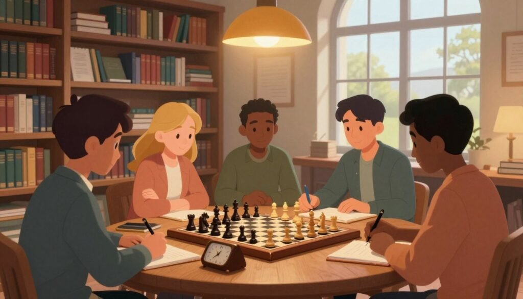 A cozy library setting, capturing the essence of preparing for a first chess session. In the foreground, a wooden table is adorned with an ornate chess set, pieces neatly arranged, a chess clock beside it. A diverse group of individuals, dressed in smart casual attire, gather around the table, some taking notes while others study the board intently. In the middle, shelves filled with chess books and resources create an inviting atmosphere. Warm, soft lighting from vintage lamps illuminates the scene, casting gentle shadows and enhancing the sense of focus and excitement. In the background, large windows allow natural light to filter in, revealing a tranquil outdoor view. The overall mood is one of anticipation and community, reflecting the spirit of Chess Lovers USA as they embark on this engaging journey.
