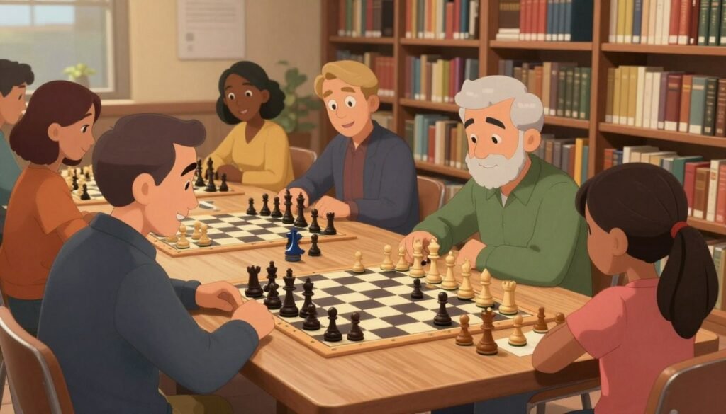 A cozy library setting designed for a chess club, featuring a long table surrounded by diverse individuals of various ages, all engaged in heated chess matches. The foreground captures a middle-aged man in smart casual attire teaching a young girl how to strategize over a chessboard, with pieces arranged in mid-game. In the middle ground, a group of adults plays in pairs, showing intense focus and excitement. The background reveals tall bookshelves filled with chess books and resources. Soft, warm lighting creates an inviting atmosphere, reflecting camaraderie and intellectual challenge. The scene is filmed with a slight perspective angle to emphasize the social interaction. The logo "Chess Lovers USA" subtly incorporated into the library space, reinforcing the sense of community.