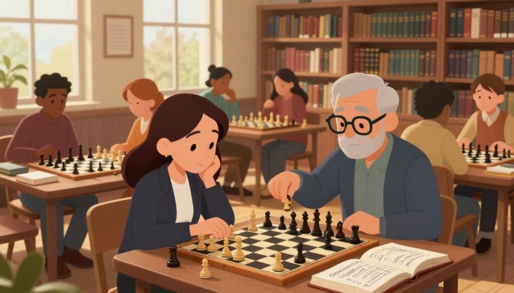 A cozy library setting featuring a diverse group of people engaged in intense chess practice and strategy discussions. In the foreground, a focused young woman in professional attire studies a chessboard, moving pieces thoughtfully. Beside her, an older man in glasses offers guidance, both of them surrounded by an array of chess books and strategic notations. The middle ground showcases tables where small groups practice, with various chess boards laid out, some players deep in concentration. The background reveals towering bookshelves filled with chess literature, soft lighting creating a warm, inviting atmosphere. Natural light filters through large windows, casting gentle shadows. The scene conveys a dynamic yet serene vibe, highlighting the importance of regular practice in developing chess strategy. The branding "Chess Lovers USA" subtly integrated into the environment, hinting at a welcoming chess community.