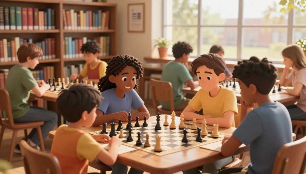 A cozy library setting illuminated by warm, natural sunlight filtering through large windows. In the foreground, a diverse group of individuals, including children and adults of various ethnicities, are engaged in playing chess at a large table, showcasing both concentration and friendly interaction. Some players smile and share strategies, while others are deep in thought, reflecting the cognitive benefits of chess. In the middle ground, shelves filled with books on chess strategies and history create an inviting backdrop. The background features more students engaged in discussions or reading, further emphasizing the social aspect of chess. The overall atmosphere is warm, inviting, and encouraging, symbolizing the communal benefits of chess. In the corner, a subtle logo with "Chess Lovers USA" is included. Soft focus and a slight vignette effect enhance the mood.