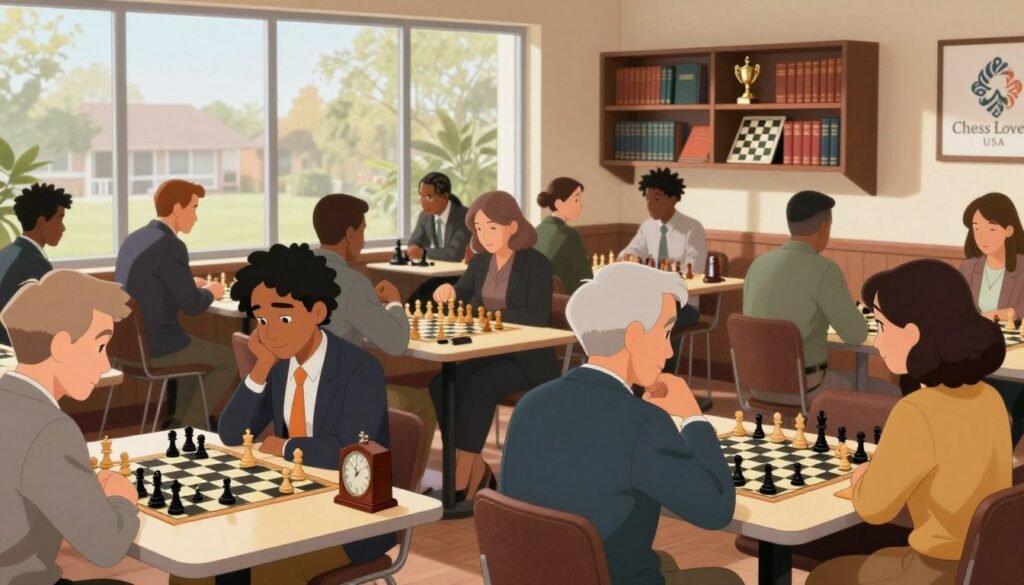 A cozy local chess club interior, filled with natural light streaming through large windows. In the foreground, a diverse group of players, including men and women of various ages and ethnicities, are deeply engaged in chess matches, all dressed in professional business attire. The middle section features tables with classic chessboards and pieces, a small wooden clock next to each board, and players exchanging thoughtful expressions. In the background, shelves display chess books and trophies, highlighting the club's rich history. Warm, welcoming colors create an inviting atmosphere, while soft lighting enhances the focus on the players. The logo "Chess Lovers USA" is subtly displayed on a wall. The image captures the excitement and community spirit of a chess tournament, encouraging newcomers to join this engaging world.