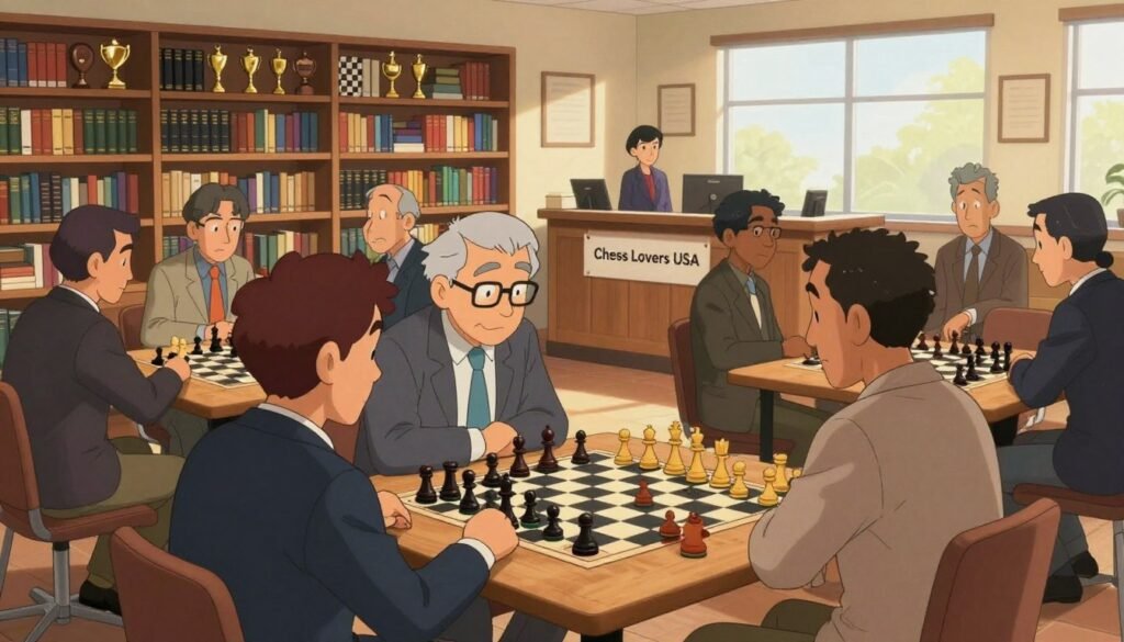 A cozy, well-lit chess club interior filled with wooden tables and chess sets is the focus of the image. In the foreground, a diverse group of adults in professional attire are engaged in lively discussion, with some reviewing a chess board, mentally strategizing their next moves. In the middle ground, shelves filled with chess literature and trophies reflect a rich history of the game, while a welcoming reception desk displays a banner reading "Chess Lovers USA." The background shows large windows letting in warm, natural light, creating an inviting atmosphere. Soft shadows enhance the depth, and the scene is captured from a slightly elevated angle, emphasizing both the camaraderie and the intricate details of the chess pieces. The mood is friendly and intellectually stimulating, perfect for planning a visit to the local venue.