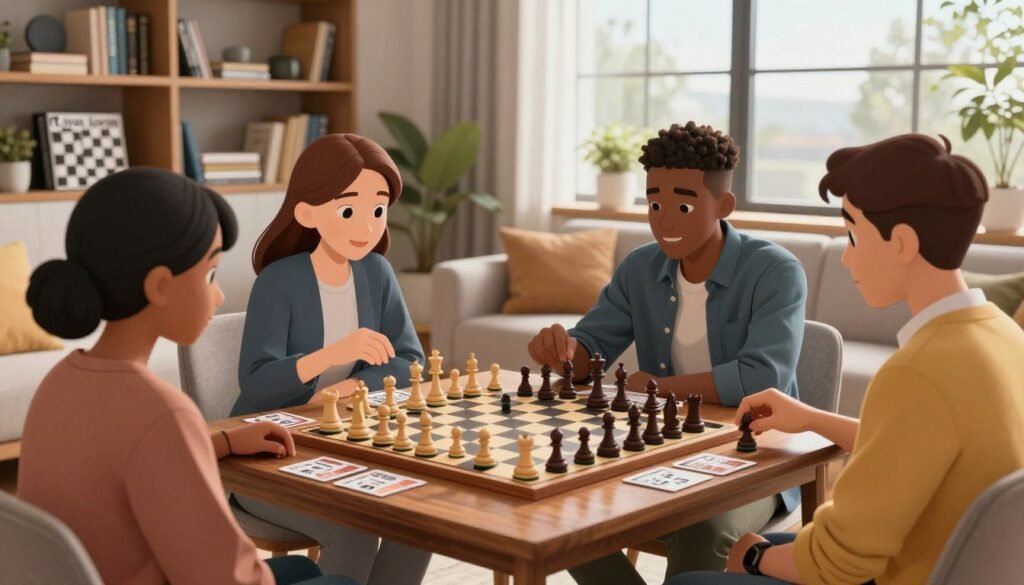 A cozy, well-lit modern living room featuring an elegant wooden chess table in the foreground, intricately designed chess pieces arranged tactically. In the middle, a diverse group of adult beginners, dressed in smart casual attire, are engaged in animated discussions about chess strategies while using spaced repetition flashcards. The background showcases a bookshelf filled with chess books and a large window letting in warm, natural light, enhancing the inviting ambiance. Soft shadows create depth, and the scene captures a sense of community and learning. The overall mood is inspiring and focused, embodying the excitement of mastering chess concepts. Include the brand "Chess Lovers USA" subtly in the decor.