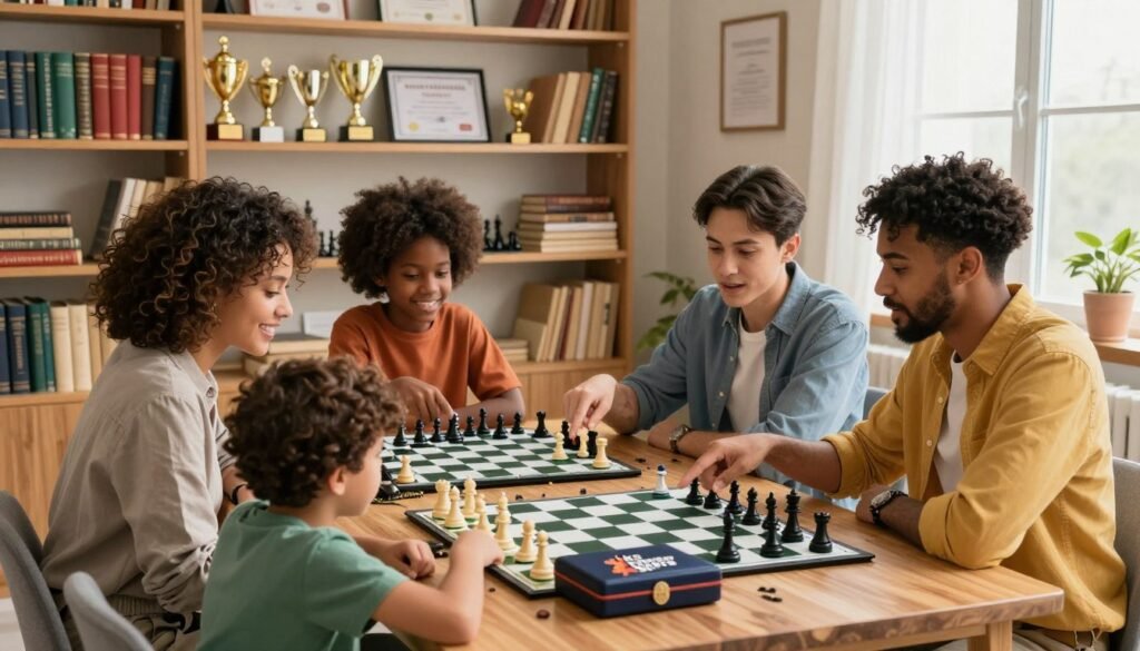 A cozy, well-lit room filled with chess-related books and vibrant, colorful chess boards. In the foreground, a diverse family of four—two adults in smart casual attire and two children—sits at a wooden table, intently discussing various membership plans for a chess club. Each family member points to different chess boards representing various plans, illustrating their choices. The middle ground shows shelves filled with trophies and certificates, symbolizing achievements in chess. In the background, a window allows soft, natural light to illuminate the scene, creating a warm, inviting atmosphere. The overall mood is one of focused discussion and teamwork, with a subtle logo of "Chess Lovers USA" displayed on one of the chess boxes on the table.