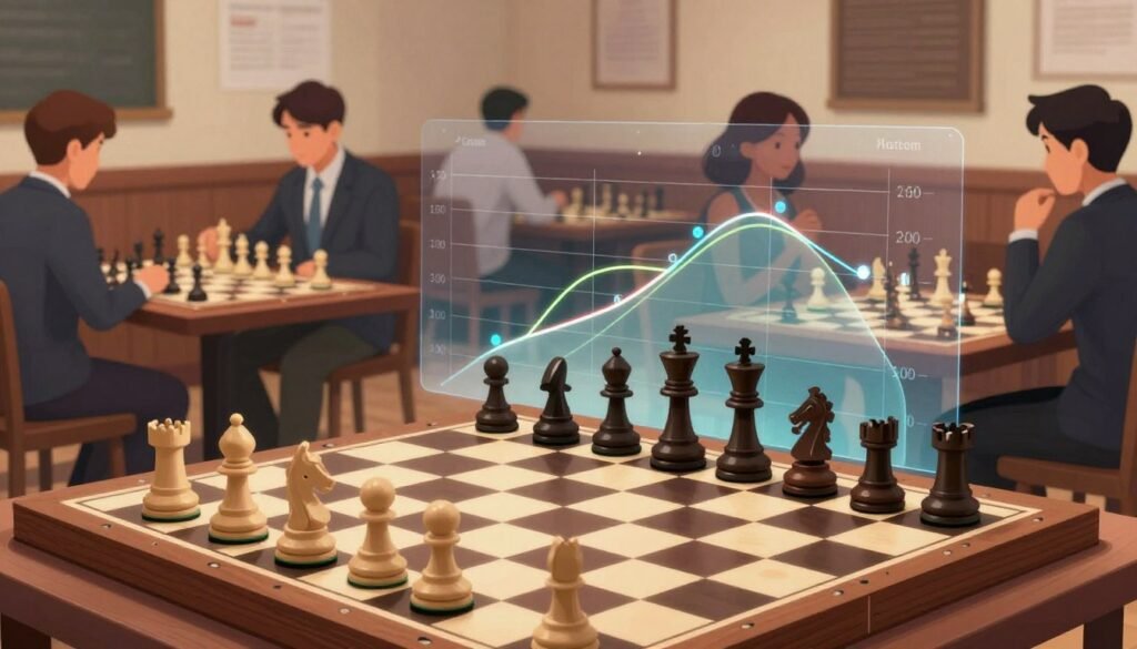 A detailed and visually engaging illustration of a "rating system" for chess, designed for educational purposes. In the foreground, create a stylized chessboard with pieces arranged to depict various ranks or ratings, symbolizing levels of achievement. The middle ground features a dynamic, semi-transparent overlay of a graphical representation of rating distribution, including lines, curves, and numerical data points. In the background, incorporate a blurred interior of a chess club, with players of diverse backgrounds engaged in matches, dressed in professional business attire. Soft, ambient lighting highlights the chessboard and rating graphics while creating a focused atmosphere. The overall mood conveys excitement and analytical energy, emphasizing the importance of the rating system. The branding "Chess Lovers USA" is subtly incorporated into the design elements.
