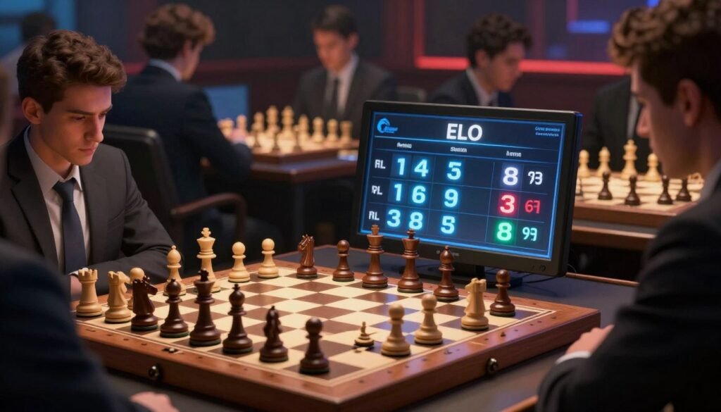 A detailed and visually engaging scene depicting an Elo rating system in chess. In the foreground, a sleek wooden chessboard with precisely arranged pieces, symbolizing strategic depth and competition. In the middle ground, a digital scoreboard displaying Elo ratings, with bright LED numbers contrasting against a dark backdrop, signifying advanced statistical performance. In the background, blurred silhouettes of focused chess players in smart business attire, deeply engaged in a match, creating an atmosphere of concentration and intensity. Soft, focused lighting highlights the chessboard while creating a dramatic shadow play, reminiscent of a high-stakes tournament setting. Evoke a sense of intellectual challenge and strategy depth. Captured from a slightly elevated angle to provide a complete view of the scene. Include the branding "Chess Lovers USA" subtly integrated into the design.