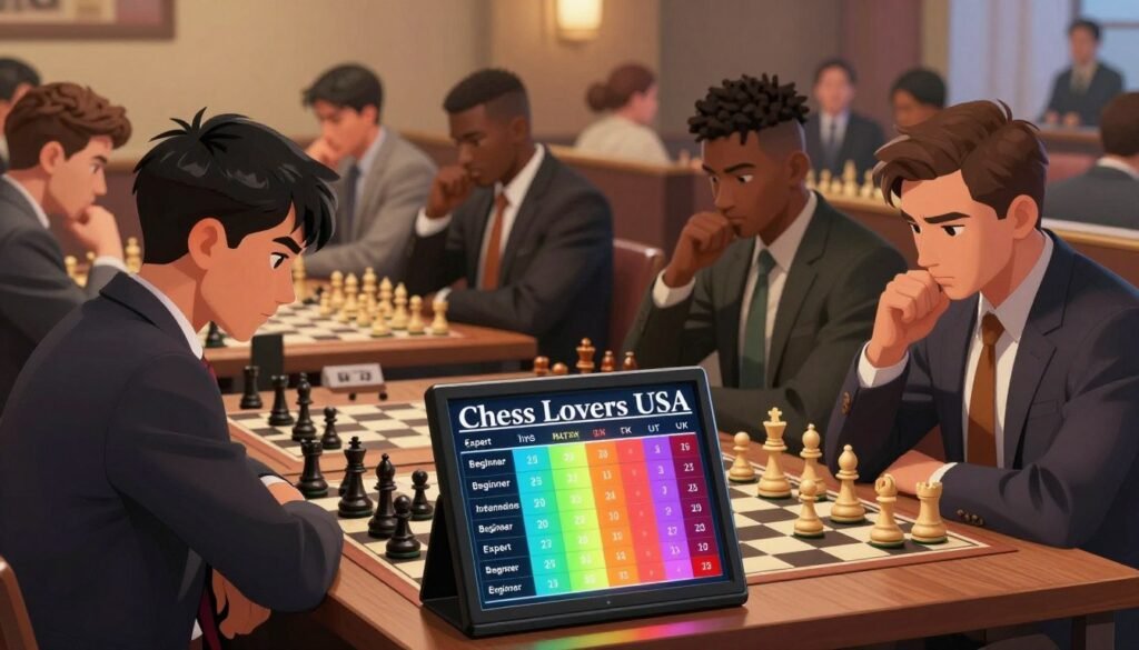 A detailed illustration of a chess rating chart, prominently featuring the words "Chess Lovers USA" in an elegant font. In the foreground, a sleek digital display shows various chess rating classes with vibrant colors, highlighting different competitive titles such as "Beginner," "Intermediate," and "Expert." The middle ground presents a group of diverse players engaged in a friendly game, wearing professional business attire, focused on their strategy. In the background, a blurred chess tournament setting with spectators observing, with warm, ambient lighting casting a welcoming glow. The mood is competitive yet friendly, conveying a sense of community and the journey of improvement in chess ratings. The composition should be dynamic, with a slight depth of field to emphasize the chart and players. A detailed illustration of a chess rating chart, prominently featuring the words "Chess Lovers USA" in an elegant font. In the foreground, a sleek digital display shows various chess rating classes with vibrant colors, highlighting different competitive titles such as "Beginner," "Intermediate," and "Expert." The middle ground presents a group of diverse players engaged in a friendly game, wearing professional business attire, focused on their strategy. In the background, a blurred chess tournament setting with spectators observing, with warm, ambient lighting casting a welcoming glow. The mood is competitive yet friendly, conveying a sense of community and the journey of improvement in chess ratings. The composition should be dynamic, with a slight depth of field to emphasize the chart and players.