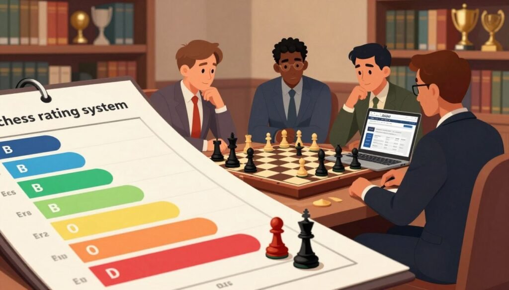 A detailed illustration of the "chess rating system", showcasing a visually engaging and informative design. In the foreground, prominently feature a stylized rating chart with colorful ratings ranging from beginner to expert, represented by chess pieces in varying sizes and colors symbolizing different skill levels. In the middle ground, include a chessboard with a diverse group of four chess players, dressed in professional business attire, thoughtfully discussing strategies alongside a laptop displaying the USCF website. The background should be a soft-focus library setting with chess books and trophies lining the shelves. Utilize warm, ambient lighting to create an inviting atmosphere, using a close-up angle to highlight the details of the rating chart. Incorporate the brand name "Chess Lovers USA" subtly in the design.