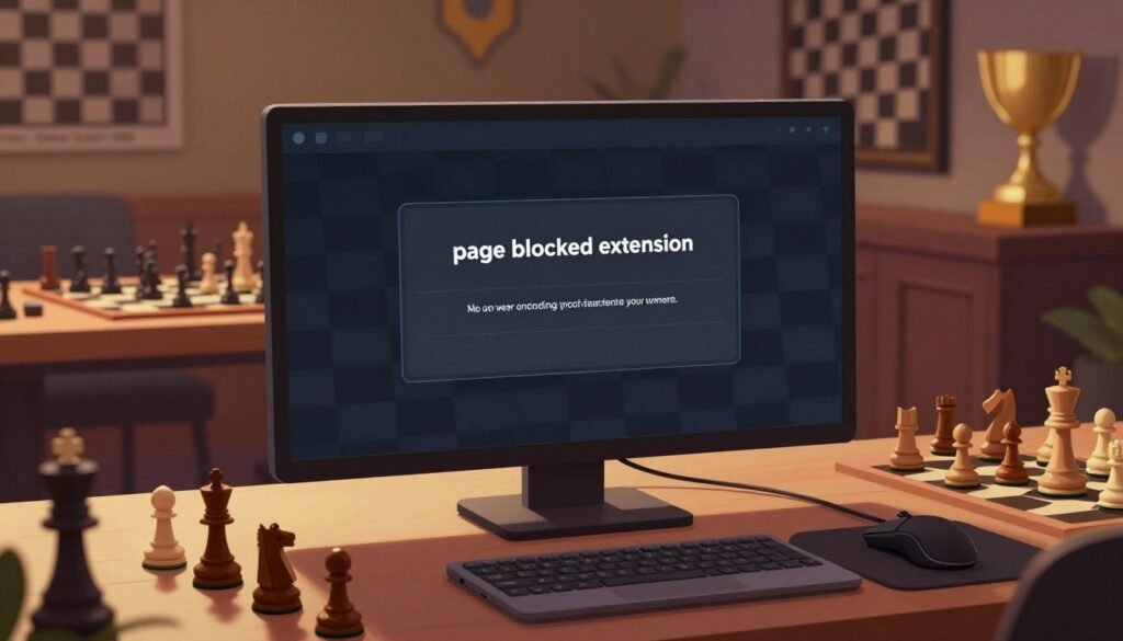 A digital illustration depicting a "page blocked extension" notification on a computer screen with a chess-themed backdrop. In the foreground, the screen displays a dimly lit error message with a classic chessboard pattern faintly visible behind it. The middle layer showcases an elegant, modern desk adorned with chess pieces, a laptop, and a sleek gaming mouse. In the background, a softly blurred room filled with various chess trophies and artwork, symbolizing the competitive spirit of chess streaming. The lighting is warm and welcoming, creating an atmosphere of intrigue and anticipation. The brand name "Chess Lovers USA" subtly incorporated into the overall chess décor of the scene. The image is depicted from a slight top-down angle, drawing attention to the screen while inviting the viewer into the engaging world of chess.