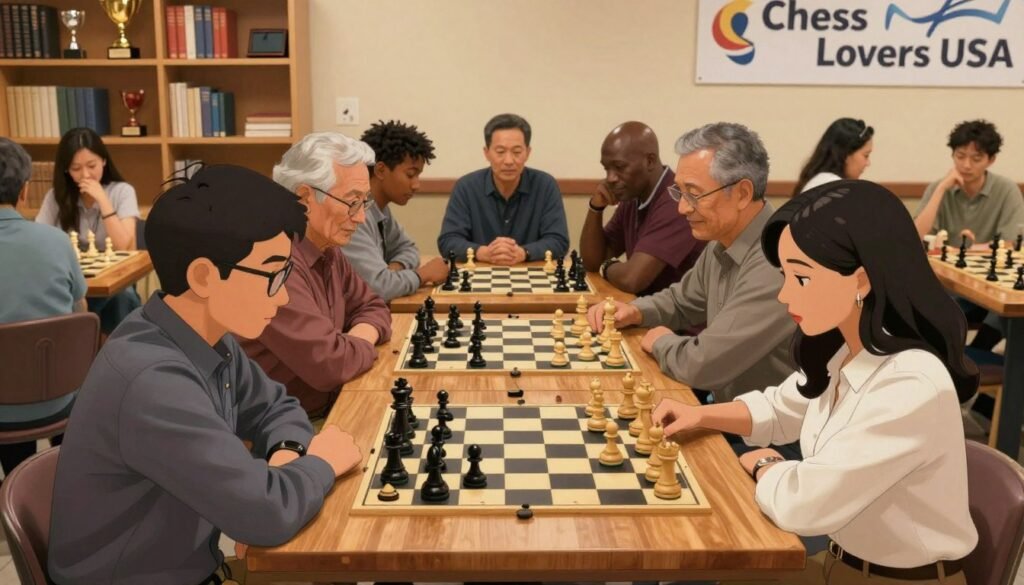 A diverse group of adult chess beginners gathered around a large wooden chess table, immersed in a game under warm, soft lighting that creates a cozy atmosphere. Foreground features two focused players, a man in a business-casual look with glasses and a woman in a smart blouse, both studying the board intently. In the middle ground, a diverse range of adults—from different ethnicities and age groups—share tips and strategies, showcasing camaraderie and enthusiasm. In the background, a bright, inviting chess club with shelves of chess books, trophies, and a banner that reads "Chess Lovers USA." The scene is captured from a slightly elevated angle to highlight the interactions, conveying the excitement and community spirit of adult learners in the chess boom.