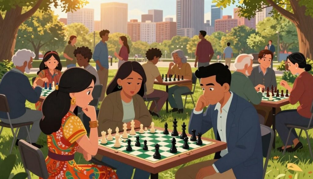 A diverse group of immigrant chess players gathered around a vibrant chessboard in a bustling urban park, showcasing their unique cultural backgrounds through traditional attire and modern clothing. In the foreground, a young woman in a colorful dress thoughtfully contemplates her next move, while a man in a blazer intensely studies the board, his expression reflecting determination and passion. In the middle ground, various players of different ages and ethnicities engage in lively discussions and matches, surrounded by onlookers. The background features a city skyline bathed in warm golden sunlight, symbolizing hope and opportunity. The atmosphere is dynamic and inclusive, highlighting the growing influence of immigrants in America’s chess community. Capture this scene with a wide-angle lens, soft natural lighting, emphasizing the community spirit of "Chess Lovers USA".