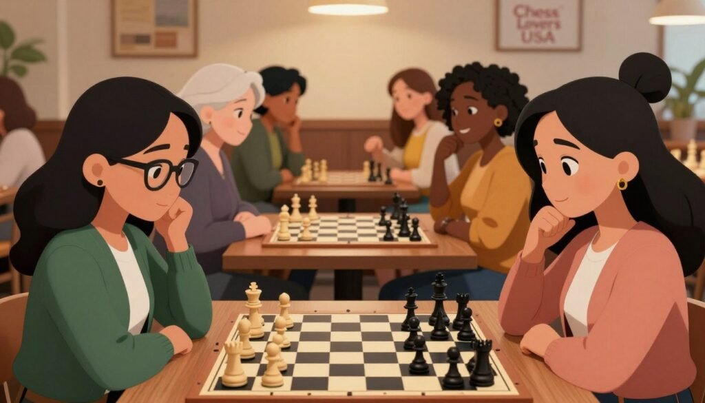 A diverse group of women engaged in a lively chess match, showcasing various ages and ethnic backgrounds. In the foreground, a close-up of two women, one with glasses and a focused expression, and the other smiling while thinking, both in smart casual attire. In the middle ground, several other women of different ages and ethnicities are passionately discussing strategies, surrounded by chess pieces and boards. The background features a cozy chess club ambiance with warm, soft lighting, casting gentle shadows that enhance the atmosphere. The mood is vibrant and inviting, reflecting a new wave of inclusivity in the chess community. Include a subtle branding element of "Chess Lovers USA" in the scene.