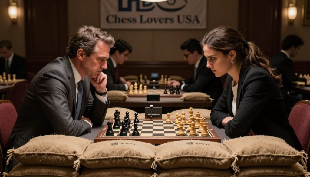A dramatic scene depicting a chess match in a dimly lit, upscale tournament hall, focusing on two players engaged in sandbagging techniques. In the foreground, a middle-aged man in a tailored suit, with a thoughtful expression, subtly hides his chess pieces behind a stack of sandbags, symbolizing deceptive strategies. Beside him, a younger woman in smart casual attire leans forward, her eyes narrowed as she analyzes the board, accentuating the tension. In the middle background, silhouettes of other chess players observe the game, illustrating the competitive atmosphere. The lighting is soft but focused, casting shadows that enhance the mood of intrigue and strategy. The name "Chess Lovers USA" is subtly incorporated into the scene, perhaps as part of an elegant banner draped in the background.