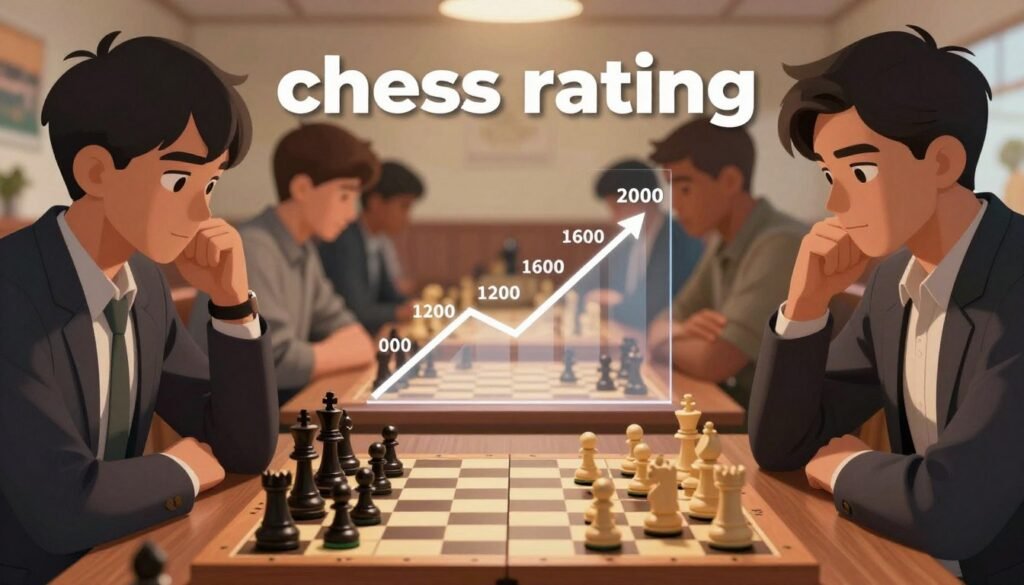 A dynamic and educational illustration representing "chess rating", designed for an article geared towards new chess players. In the foreground, a visually striking chessboard with pieces in mid-game, emphasizing strategic positioning. In the middle, a transparent graphic overlay showing a rising graph or chart that symbolizes improvement in chess ratings, featuring numbers like 1200, 1600, and 2000 to represent various rating levels. The background is a softly blurred chess club setting, filled with players deep in concentration, all dressed in smart casual attire. The lighting is warm and inviting, casting soft shadows to create an atmosphere of focus and ambition. The logo "Chess Lovers USA" subtly integrated into the scene, reinforcing a sense of community and shared passion for chess. A dynamic and educational illustration representing "chess rating", designed for an article geared towards new chess players. In the foreground, a visually striking chessboard with pieces in mid-game, emphasizing strategic positioning. In the middle, a transparent graphic overlay showing a rising graph or chart that symbolizes improvement in chess ratings, featuring numbers like 1200, 1600, and 2000 to represent various rating levels. The background is a softly blurred chess club setting, filled with players deep in concentration, all dressed in smart casual attire. The lighting is warm and inviting, casting soft shadows to create an atmosphere of focus and ambition. The logo "Chess Lovers USA" subtly integrated into the scene, reinforcing a sense of community and shared passion for chess.
