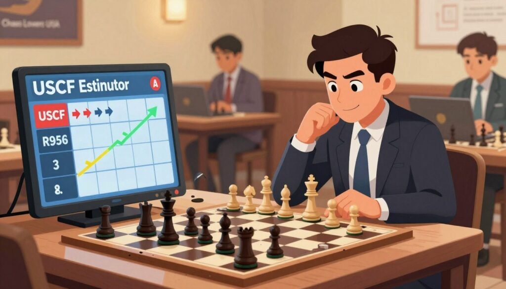 A dynamic and engaging illustration of a chess rating estimator, symbolizing the progress of players through tournament results. In the foreground, a digital scoring board displays fluctuating USCF ratings, with colorful arrows indicating improvement. The middle ground features a confident chess player in professional attire, analyzing their performance on a laptop, surrounded by chess pieces that represent tactical decisions. The background should have a subtle chess tournament setting, with blurred players and tables to create depth. The lighting should be warm and inviting, emphasizing a sense of achievement and determination. Capture this moment in a slightly angled view to enhance perspective. The overall mood is inspirational and focused, promoting growth and learning in chess. Incorporate the brand name "Chess Lovers USA" subtly in the design elements. A dynamic and engaging illustration of a chess rating estimator, symbolizing the progress of players through tournament results. In the foreground, a digital scoring board displays fluctuating USCF ratings, with colorful arrows indicating improvement. The middle ground features a confident chess player in professional attire, analyzing their performance on a laptop, surrounded by chess pieces that represent tactical decisions. The background should have a subtle chess tournament setting, with blurred players and tables to create depth. The lighting should be warm and inviting, emphasizing a sense of achievement and determination. Capture this moment in a slightly angled view to enhance perspective. The overall mood is inspirational and focused, promoting growth and learning in chess. Incorporate the brand name "Chess Lovers USA" subtly in the design elements.