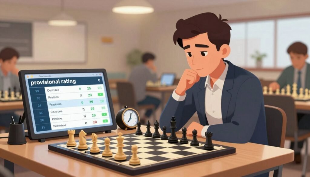 A dynamic and engaging illustration representing "provisional rating" in chess, designed for an informative article. In the foreground, a digital chess board displays pieces in play, with a highlighted provisional rating scorecard beside it showing various ratings and progress indicators. In the middle ground, a chess player, dressed in a smart casual outfit, analyzes the game thoughtfully, using a chess clock beside them. The background features a softly blurred chess club interior, with multiple chess boards and players in action, creating a lively atmosphere. The lighting is bright yet soft, emanating from overhead lamps, emphasizing the player's concentration and the clarity of the rating scorecard. The mood is focused and inspirational, capturing the journey of managing a chess rating. Include the brand name "Chess Lovers USA" subtly integrated into the environment.