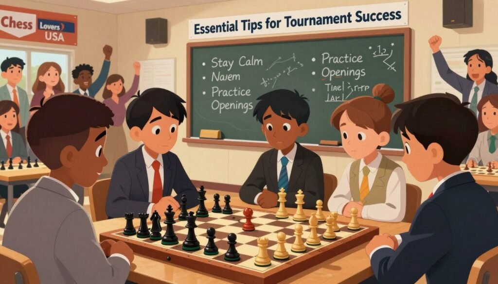 A dynamic and engaging image depicting "Essential Tips for Tournament Success" aimed at scholastic chess players. In the foreground, a chessboard is set up with pieces thoughtfully arranged, showcasing a blend of traditional wood and vibrant colored pieces. To one side, a group of diverse children, ages 10-14, are dressed in professional business attire, actively discussing strategies, their expressions focused and determined. The middle ground features a chalkboard filled with crucial tips like "Stay Calm" and "Practice Openings". The background includes a school gymnasium setting, with banners reading "Chess Lovers USA" and a crowd of supporters cheering. The lighting is warm and inviting, emphasizing a sense of excitement and camaraderie. Capture this scene from a slightly elevated angle to provide depth and a sense of community.