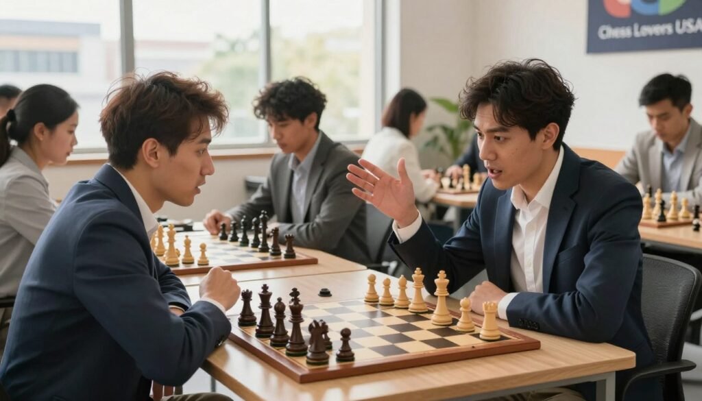 A dynamic and engaging scene depicting a group of diverse chess players analyzing chess boards in a brightly lit room. In the foreground, one player, a middle-aged man in a crisp blazer, gestures passionately as he discusses a strategy with a young woman in professional attire, both intensely focused. In the middle, several chess boards are set up with pieces in various mid-game positions, showcasing different playing styles. The background features large windows with a sunlit urban view, adding warmth to the atmosphere. The lighting is bright and natural, emphasizing the players’ expressions of curiosity and enthusiasm. The overall mood conveys a sense of collaboration and inspiration, embodying the spirit of learning and mentorship in chess. Include the brand name "Chess Lovers USA" subtly in the decor.