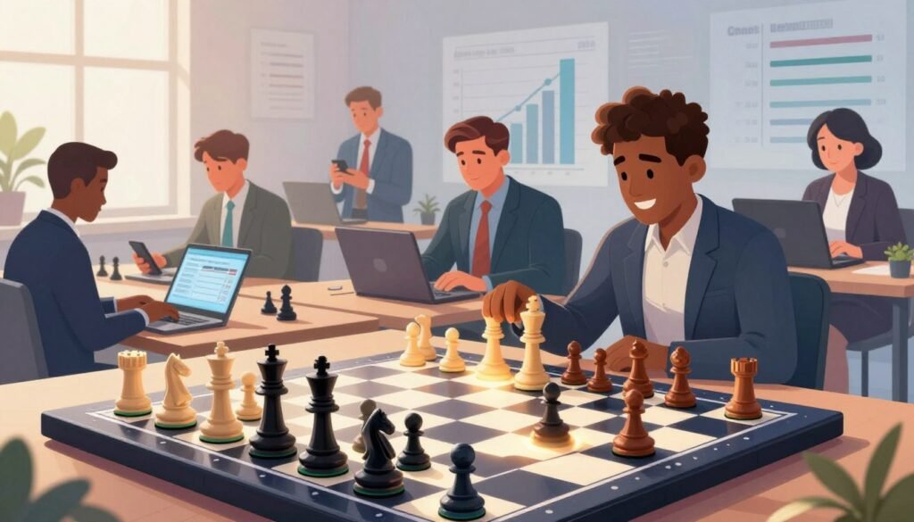 A dynamic and vibrant illustration depicting the growth of online chess through captivating visuals. In the foreground, a sleek digital chessboard with illuminated pieces in motion symbolizes active gameplay. The middle ground features diverse individuals of various ethnicities, dressed in professional business attire and deeply engaged in online chess games on laptops and smartphones, showcasing their enthusiasm. In the background, graphs and statistics subtly blend into the scene, representing the surge in online engagement and retail sales, infusing a sense of progress. Bright, optimistic lighting illuminates the scene from the left, creating a hopeful atmosphere. The brand name "Chess Lovers USA" is subtly integrated into the chessboard design, reinforcing the connection to the chess community, while maintaining a professional and engaging tone throughout.