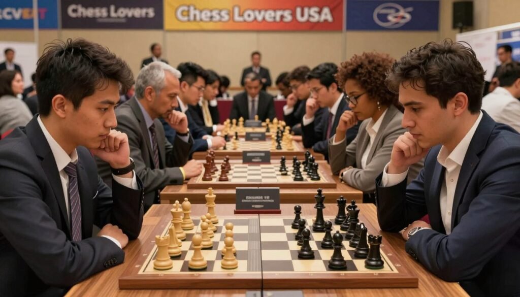 A dynamic chess scene capturing the essence of strategic shifts in modern competitive play. In the foreground, a diverse group of skilled players, men and women of various ethnicities, intensely focused on a chessboard, showcasing the intensity of modern chess strategy. They are dressed in professional business attire, exuding determination. The middle ground features an elaborate chessboard with pieces mid-move, emphasizing critical thinking and strategic decisions. The background captures a bustling chess tournament atmosphere, with spectators eagerly watching, vibrant banners of "Chess Lovers USA" hanging above. The lighting is warm and inviting, highlighting the players’ expressions and casting soft shadows, while a low-angle shot gives a dramatic perspective, creating a thrilling and competitive mood.